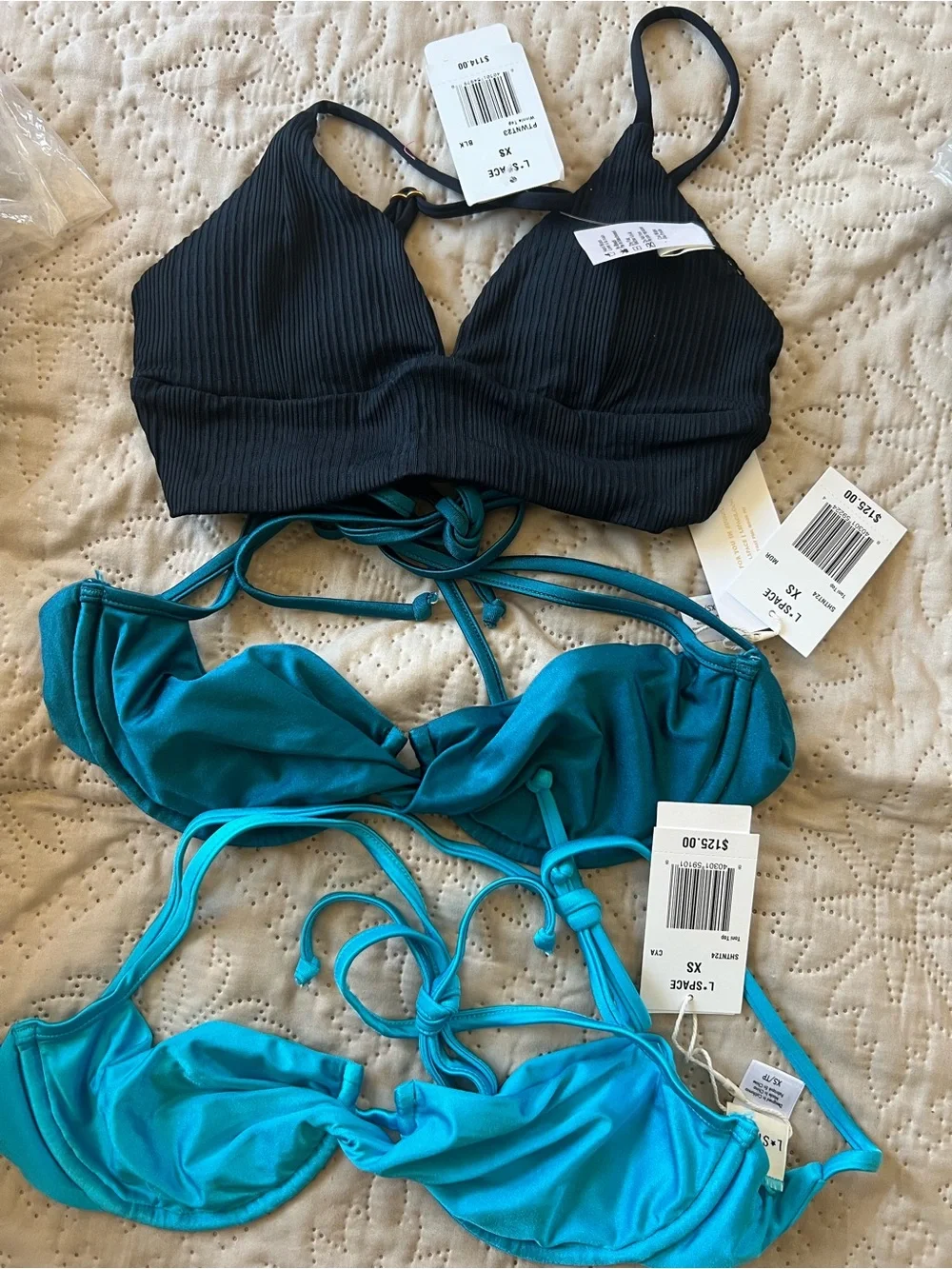 l*space Black Ribbed Bralette & Teal Blue Bikini Tops Set